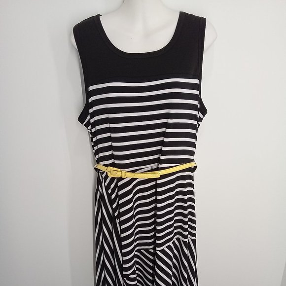George mid length black and white dress with yellow belt - Picture 1 of 2